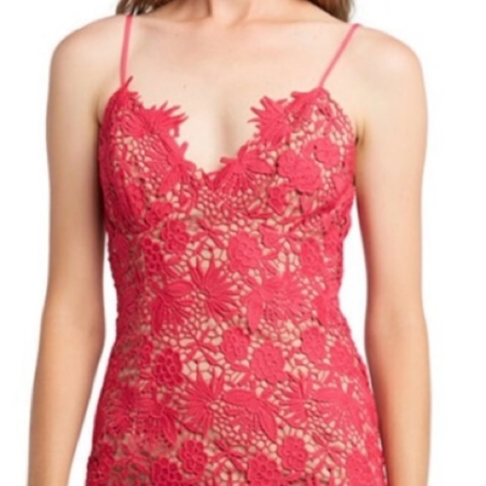 Bardot Strapless Red Floral Lace Dress